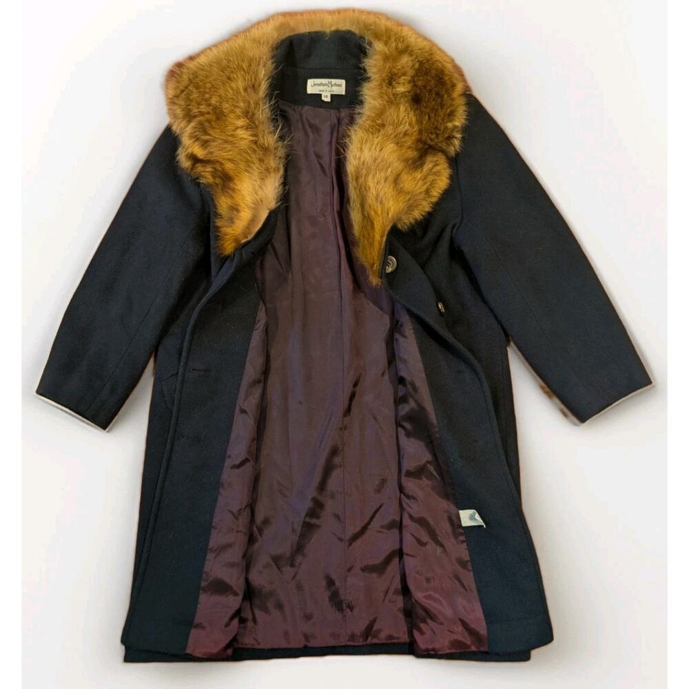 Vintage Wool Coat Real Fur Collar Long Black Overcoat USA Womens 14 Classic - Picture 3 of 12